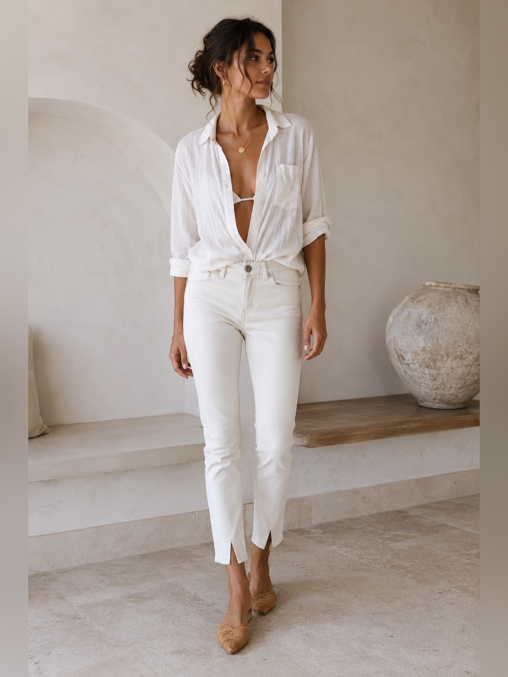 Coastal Quiet Luxury Off White Ankle Jeans Crop Pants Slit Hem W29